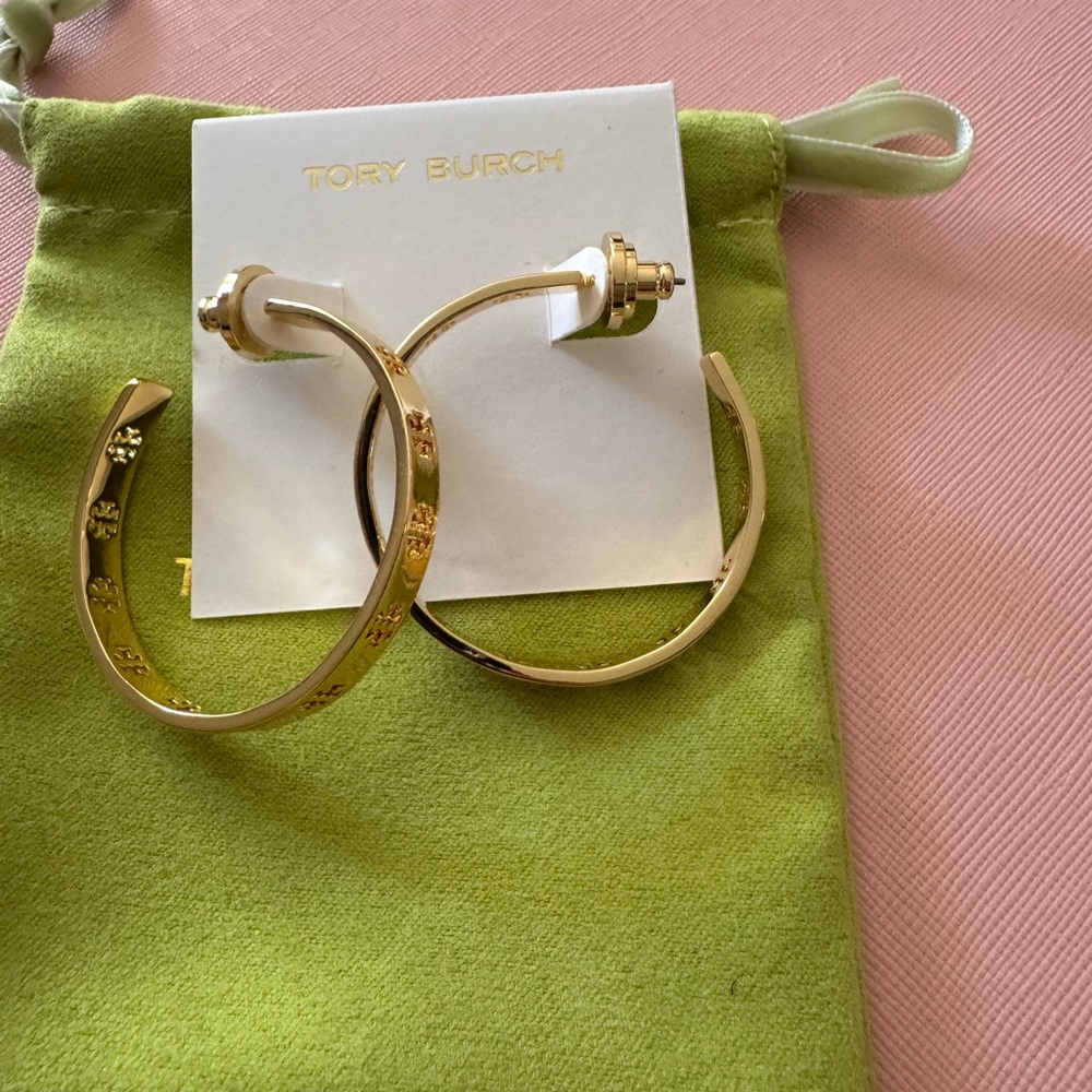 Tory Burch Gold Logo Hoop Earrings